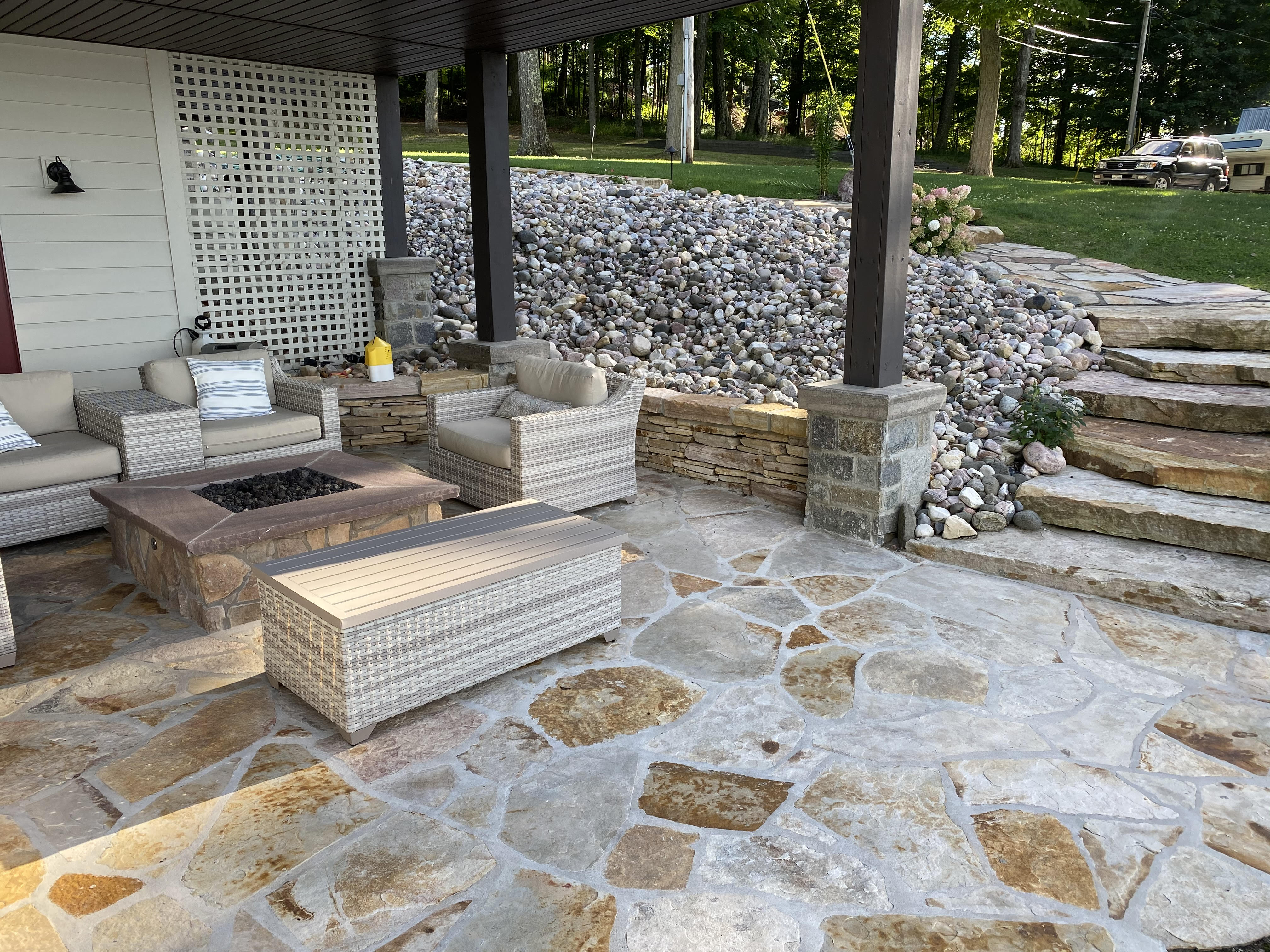 Flagstone Mortared Patio with Gas Fire Pit