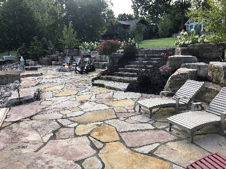 Flagstone Patio with Retaining Walls, Stone Stairs and Plantings