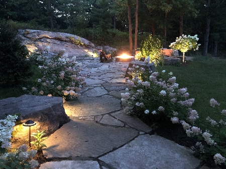 Flagstone Patio with Gas Firepit and Hydrangea Plantings