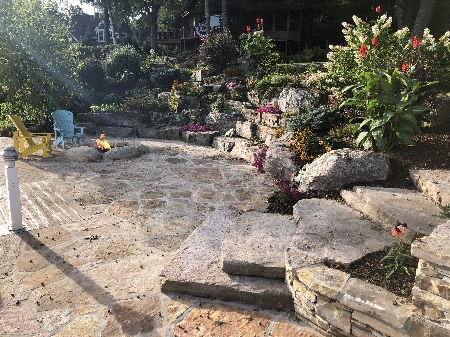 Flagstone Patio with Stack Stone Walls, Stairs and Firepit