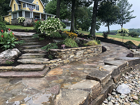 Natural Stone Stairs with Stack Stone Walls, Boulder Seawall and Gardens