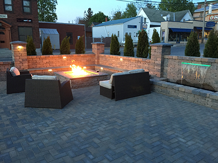 Paver Dining Patio with Firepit and Waterfall
