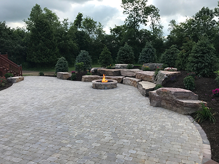 Paver Patio, Firepit, Stone Seating, and Landscaping