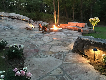 Flagstone Patio with Boulder Seating & Firepit